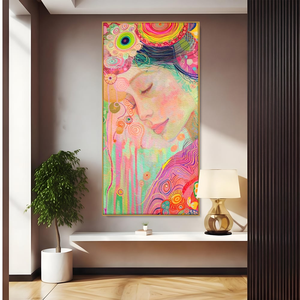 Tablou canvas cu tablou canvas cu portret de zana, in rama de aluminiu auriu